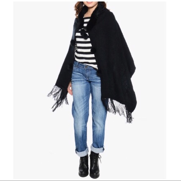 Black Faux Fur Pom Pom Tie Front Winter Shawl Wrap - Picture 3 of 7